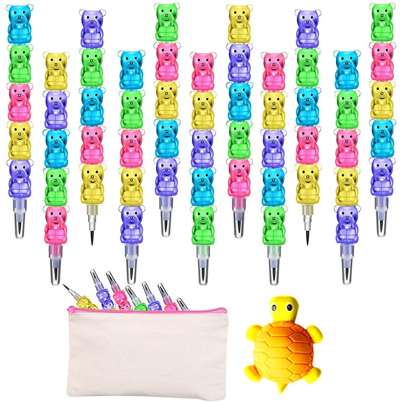 Odowalker 32pcs Stackable Pencils Plastic Bear Pencils 5 in 1 Stacking Colored Pencils with Turtle Erasers and DIY Blank Bag For Birthday Party Supplies Goodie Bag Filler School - Image 1